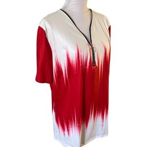White and red top with zipper detail. I measure it tobe medium 95%poly 5%spandex